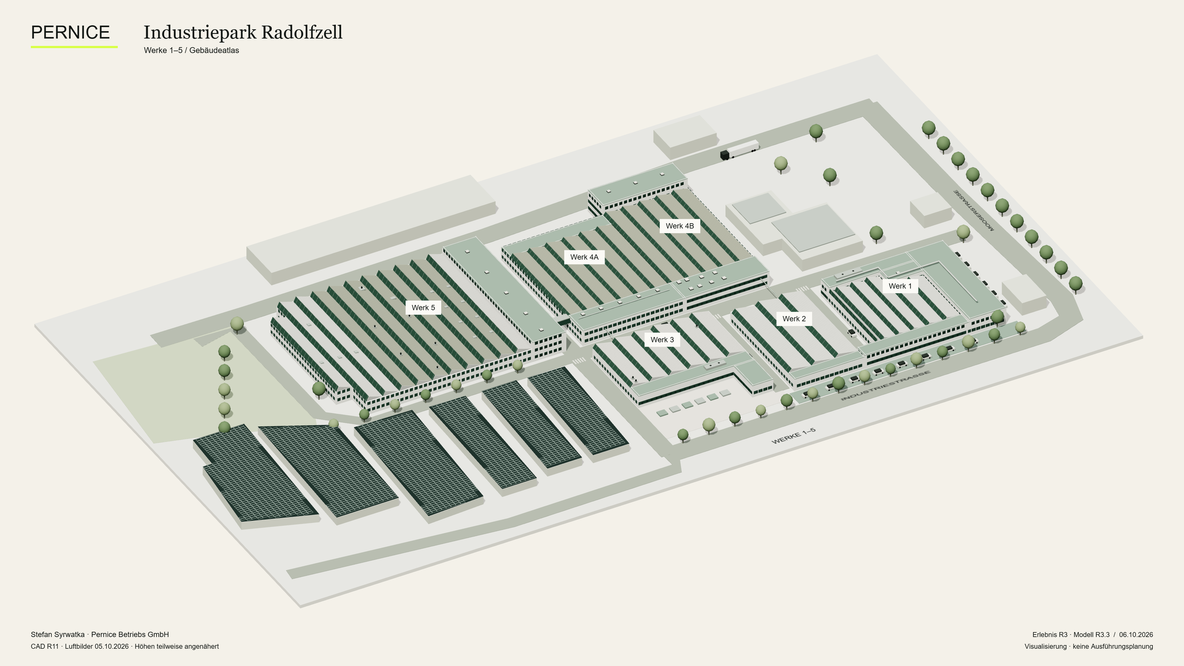 Räumliche Modellansicht des Industrieparks Radolfzell mit Gebäudekörpern und Dachformen. Keine Bestandsaufnahme.